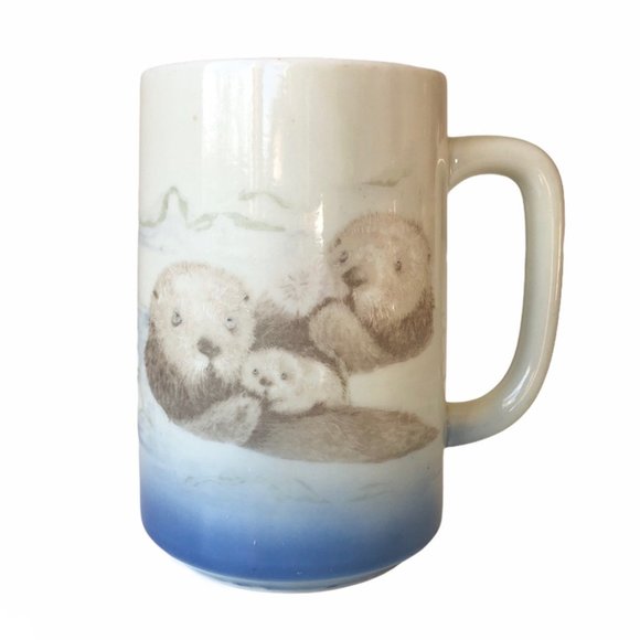 Vintage Otagiri Japan Sea Otter Family Mug Blue - Picture 1 of 9